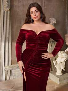 Aureia Gaun Formal Elegan Ukuran Plus Warna Burgundy Musim Semi Bahan Beludru, Lengan Panjang Tanpa Bahu, Berkerut, Belahan Tinggi, Model Ekor Duyung Ramping, Cocok untuk Tamu Pesta Pernikahan - Burgundy - View 8