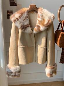 Comfortcana Women's Autumn/Winter Retro Lamb Fleece Warm Fake Fur Splicing Coat