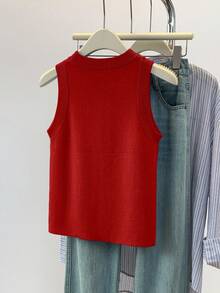 SHEIN Áo len cổ tròn không tay đơn sắc, thoải mái, đa năng dành cho nữ - Màu Đỏ Sâu - Xem 2