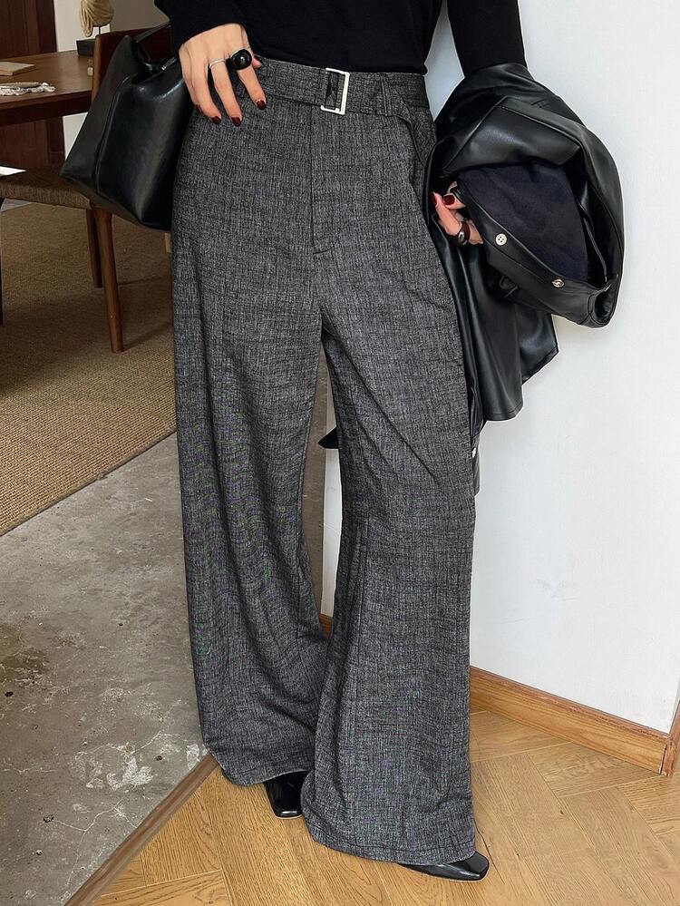 Women's Loose Business Casual Office Commute Waist Belt Buckle Tie Waist Straight Leg Casual Pants, Autumn/Winter