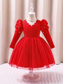 Glamorique Kids 女童优雅高端长袖连衣裙，羊腿袖设计搭配珍珠装饰，适合日常穿着、派对、圣诞节，展现优雅高贵的气质 - 紅色 - 查看 3