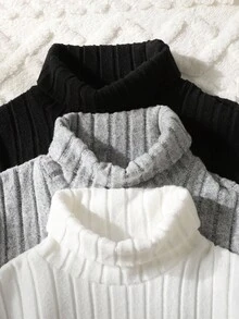 SHEIN 3pcs Tween Girls' Basic Fold-Over Collar Long Sleeve Ribbed Knit Button Decor Fitted T-Shirts, Black/White/Gray, Autumn/Winter Fall - Multicolor - View 4