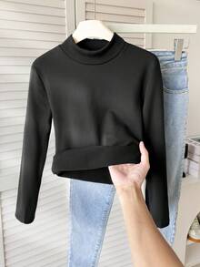 SHEIN Tween女孩黑色冬季基礎休閒校園純色長袖T恤秋季上衣，修身保暖內裡套頭衫，適合萬聖節、聖誕節、新年、居家 - 黑色 - 查看 7