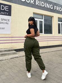 POPSWAY Women's Casual Solid Color Multi-Pocket Drawstring Cargo Pants, Summer Outfits Fall - Army Green - View 4