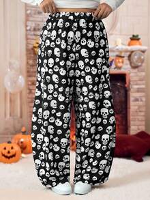 EMERY ROSE Halloween Plus Size Fashionable Skull Print Loose Pants Fall Cloth For Women - Black - View 5