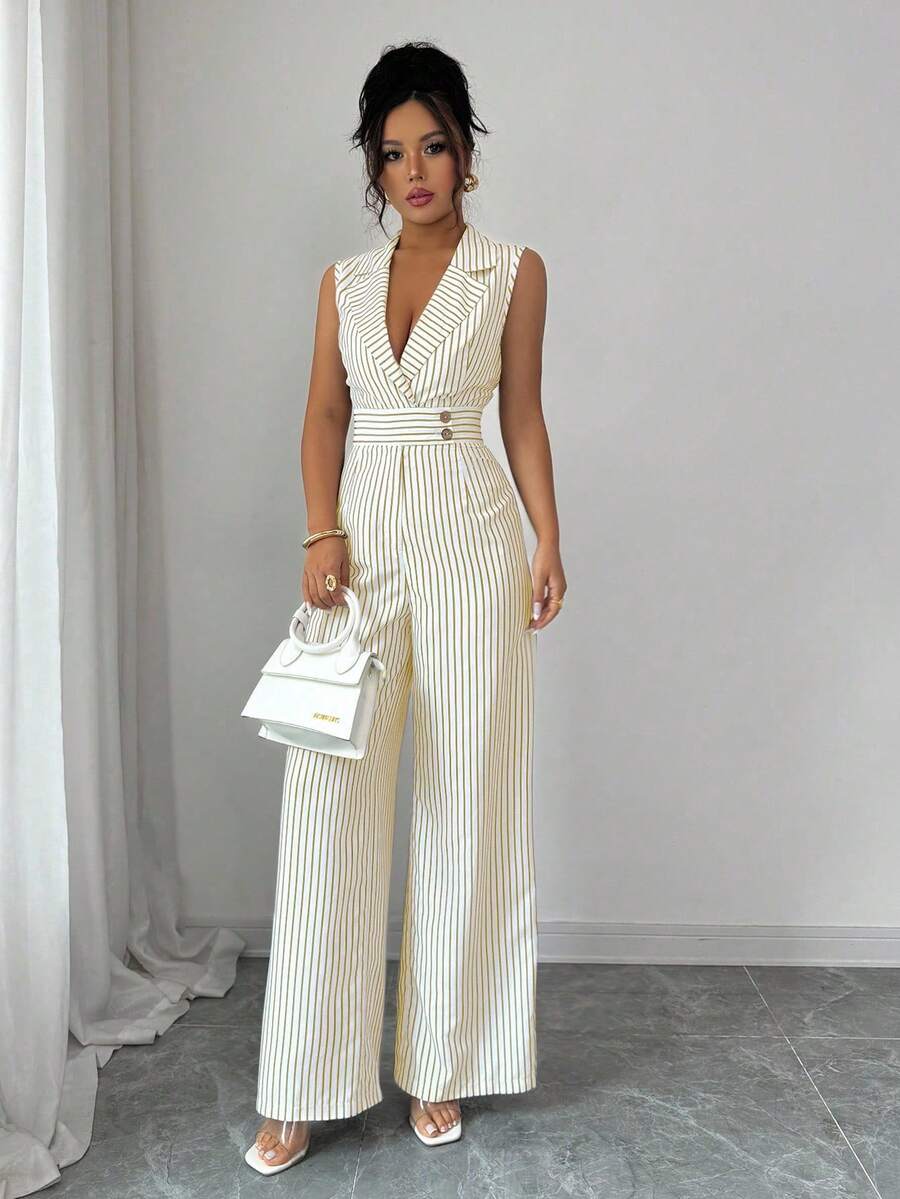 Selianne 女士优雅黑白条纹平领连体裤 - 卡其色 - 查看 1