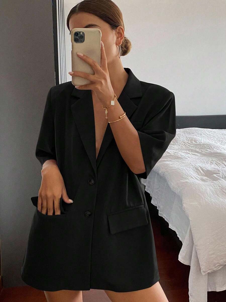 Livesso Women Casual Solid Color Short Sleeve Blazer, Fall Clothes Business Attire - Black - View 1