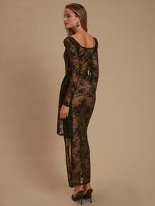 Glamine Fashionable Sexy Sheer Lace Side Slit Dress
