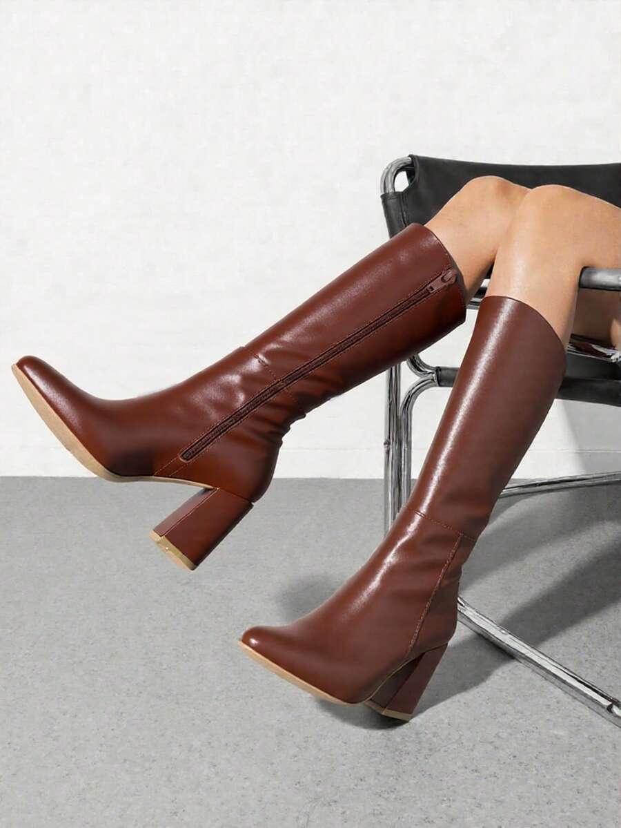 Fashion Boots para Mujer, Bota Alta con Tacón Grueso y Punta Fina, Estilo Elegante y Moderno, Disponibles en Diferentes Colores, Cierre Lateral, Comodidad y Estilo para Otoño/Invierno, Perfectas para Looks Casual o Formal - Granate - Ver 1