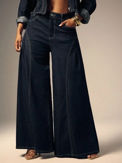 Denimoi 女式口袋褶皱阔腿宽松休闲牛仔裤