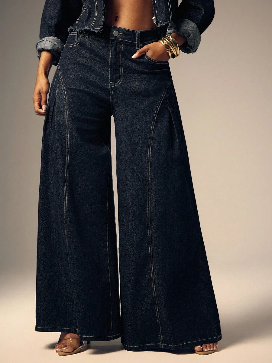 Denimoi 女式口袋褶皱阔腿宽松休闲牛仔裤 - 深色水洗藍 - 查看 1