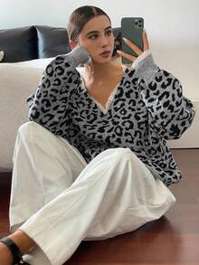 DAZY Women's Loose Casual Gray Leopard Print Sweater, Autumn/Winter - Grey - View 6