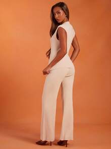 NYA SZN Conjunto Feminino (Top e Calça) Top de Manga Curta Ajustada, Calça Cintura Alta Ajustada em Malha Canelada, Roupas Casuais do Dia a Dia, Aeroporto, Férias, Loungewear para Mulheres - Damasco - Visão 2