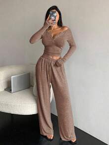 DAZY 2pcs Women Casual Solid Color Half Button Front Fitted Long Sleeve Top And Drawstring Waist Loose Straight Leg Pants Set Tracksuits Women Set Lounge Sets For Women - Coffee Brown - View 3