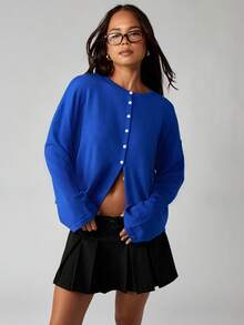 MISSGUIDED Relaxed Fit Button Front Cardigan Sweater Long Sleeve Knit Oversized Fall Winter Layering Essential - Blue - View 1