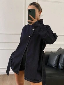 DAZY Women's Stand Collar Belted Loose Urban Casual Denim Jacket And Coat Fall/Winter - Dark Wash - View 3