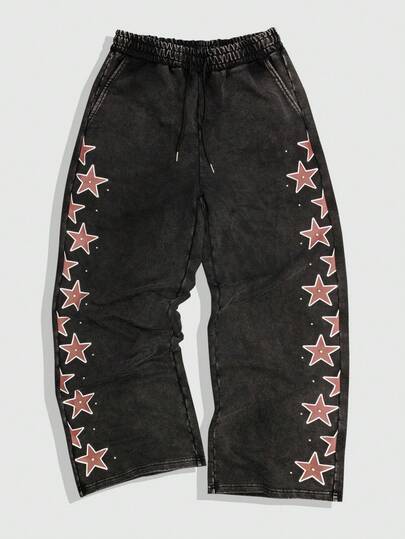 Street Life Pantalones de chándal casuales para hombres con estampado de estrellas lavado y cordón en la cintura