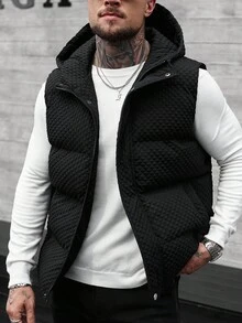 Manfinity CasualCool Men's Black Hooded Sleeveless Padded Coat, Designer Fashion Bubble Textured Padded Vest, Streetwear Casual Sleeveless Outerwear,Boyfriend/Husband Gift, Anniversary Gift, Outerwear Winter Gilet, Fall - Black - View 6