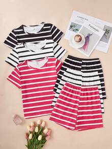 Snug Zone Casual Striped Short Pajama Sets With Round Neck And Short Sleeves For Tween Girls - Multicolor - View 5