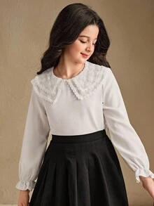 SHEIN Blusa casual de manga larga con bordado floral elegante y ribete de encaje para niñas, para primavera/otoño - Blanco - Ver 3