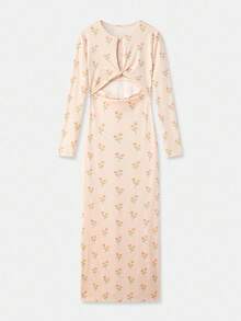lacRébo Fitted Butter Yellow Floral Maxi Dress With Front Twist Cut-Out Fall Women Clothes Spring Summer Going Out Dress - Multicolor - View 7