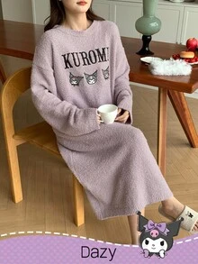 DAZY HELLO KITTY AND FRIENDS | SHEIN 女士宽松抓绒蓬松睡衣睡袍，饰有字母和卡通刺绣图案，冬季款 - 紫色 - 查看 10