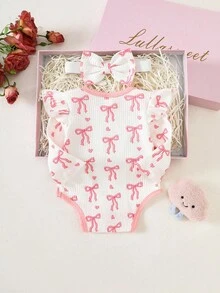 0-9个月新生女宝宝可爱粉色长袖连体衣+发带套装，女宝宝粉色蝴蝶结印花图案，针织罗纹弹力面料，长袖连体衣，女宝宝四季皆宜秋冬装 - 彩色 - 查看 3
