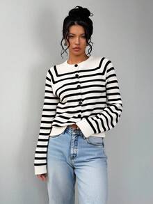 SHEIN EZwear Áo khoác cardigan sọc tối giản thường ngày dành cho sinh viên, phong cách hàng hải, mùa tựu trường, phù hợp cho phụ nữ vào mùa thu/đông, cổ điển, gợi cảm, dễ thương, Y2K, cô gái dừa, boho, hippie, lễ hội âm nhạc - Nhiều màu - Xem 3
