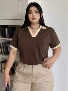 Dazy Petite Plus Color Block Collar Fitted Cropped T-Shirt, Brown, Spring/Summer - Brown - View 6