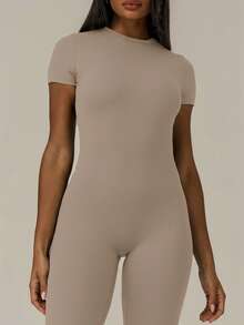 MUSERA ESSENTIALS Soft Touch Cap Sleeve Fitted Jumpsuit Catsuit Basic Cute Casual Summer Vacation Festival Concert Fall Autumn Everyday Spring Elegant - Brown - View 5