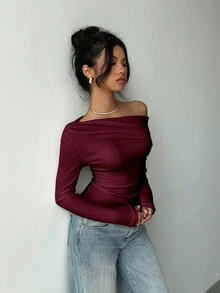 Aloruh Women's Casual Asymmetric T-Shirt With Twist Detail, Solid Color Long Sleeve Knit T-Shirt, Suitable For Autumn/Winter, Elegant For Dates And Everyday Wear,Red Top