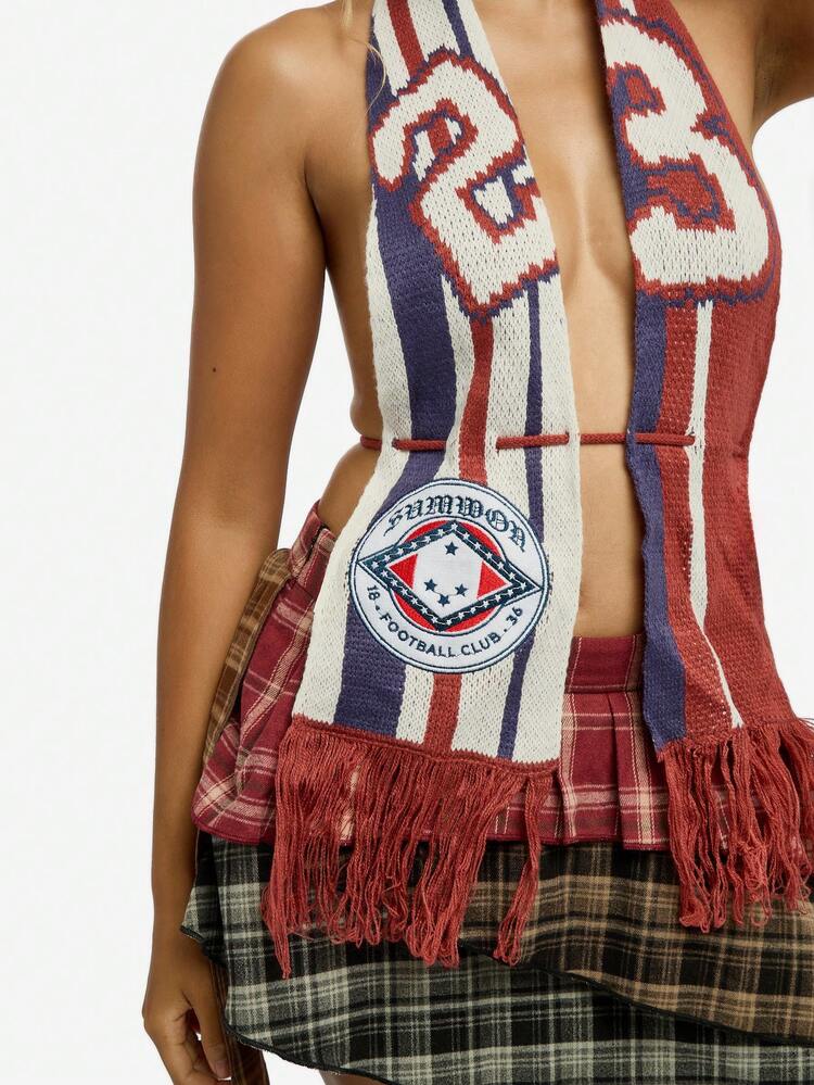 SUMWON WOMEN Knitted Football Scarf Halter Top With Fringe