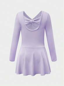 少女纯色浅紫色长袖蝴蝶结背心紧身衣，有弹性，舞蹈、瑜伽、体操紧身衣 - 紫色 - 查看 3
