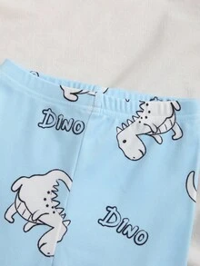 Conjunto de pijama de niño pequeño con estampado de dinosaurio de dibujos animados y letras, con cuello redondo, manga larga y pantalón de cintura elástica, para primavera/otoño - Celeste - Ver 6