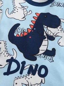 Conjunto de pijama de niño pequeño con estampado de dinosaurio de dibujos animados y letras, con cuello redondo, manga larga y pantalón de cintura elástica, para primavera/otoño - Celeste - Ver 5