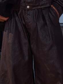 Musero Wide Barrel Leg Waxy Denim Jeans Bottoms Only Fall/SPRING SUMMER - Brown - View 3