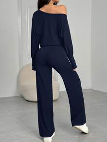 SHEIN EZwear Women's Fashionable Casual Off-Shoulder Long Sleeve Navy Blue Jumpsuit, Autumn
