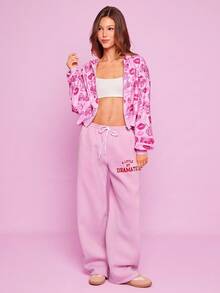 Mean Girls | SHEIN Quần nỉ cạp rút họa tiết chữ thường ngày dành cho nữ - Hồng - Xem 5