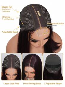 99jA Burgundy 2x6 Bob Wig 100% Human Hair Lace Front 180% Density Short Straight Transparent Lace Pre Plucked Baby Hair Install Adjustable Straps Breathable Cap Heat Resistant For Women - 99JA - View 8