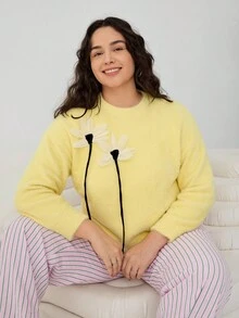 SHEIN EZwear 大码休闲3D花卉装饰圆领毛衣 秋冬3D花朵毛衣 - 薑色 - 查看 2