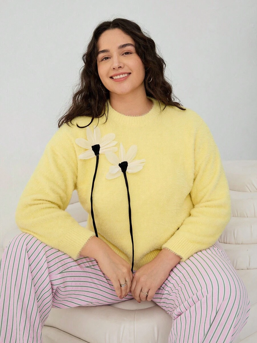 SHEIN EZwear 大码休闲3D花卉装饰圆领毛衣 秋冬3D花朵毛衣