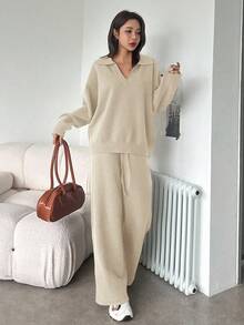 DAZY 女士休闲纯色翻领宽松毛衣和阔腿裤两件套，秋季 - 米色 - 查看 3