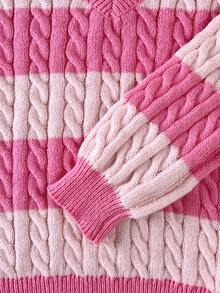 SHEIN Áo len chui đầu cổ chữ V tay đèn lồng họa tiết sọc khối màu cỡ lớn cho bé gái tuổi mới lớn, thích hợp cho các buổi đi chơi mùa thu/đông - Hồng - Xem 6