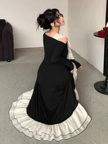 DAZY Women's Elegant Long Fitted Dress With Contrast Color, Off-Shoulder, Tie-Up Bow Detail - Black - View 4