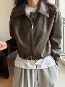 DAZY 女士短款立领PU皮夹克，都市休闲街头风外套 - 棕色 - 查看 3
