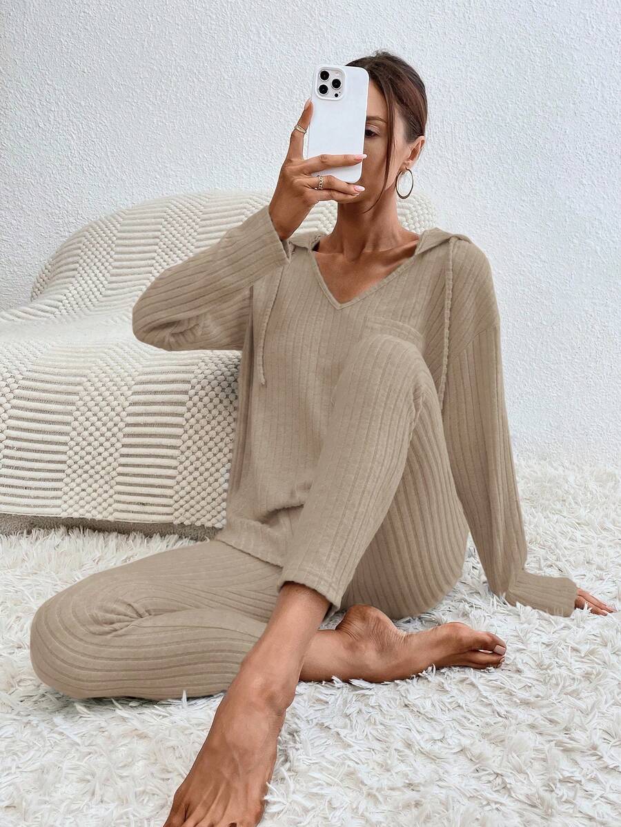 SHEIN Cottnline Cotton Ribbed Knit Drawstring Hooded Tee & Leggings - Mocha Brown - View 1