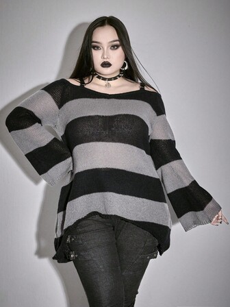 Grunge Punk Suéter holgado de punto con hombros descubiertos a rayas negras y grises, para otoño/invierno, talla grande