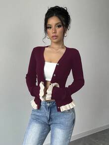 Elenzga Cárdigan de punto con volantes y contraste de color para mujer en otoño - Rojo violeta - Ver 5