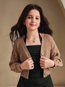 SHEIN 青少女棕色純色時尚、休閒、可愛、舒適、柔軟、簡約、保暖、多功能、優雅長袖針織開衫，適合在家穿著、日常外出、旅遊、派對，適合秋/冬季節 - 紫紅色 - 查看 4