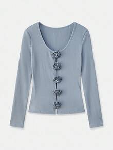 lacRébo 花卉装饰镂空细节罗纹上衣 - 霧霾藍 - 查看 7